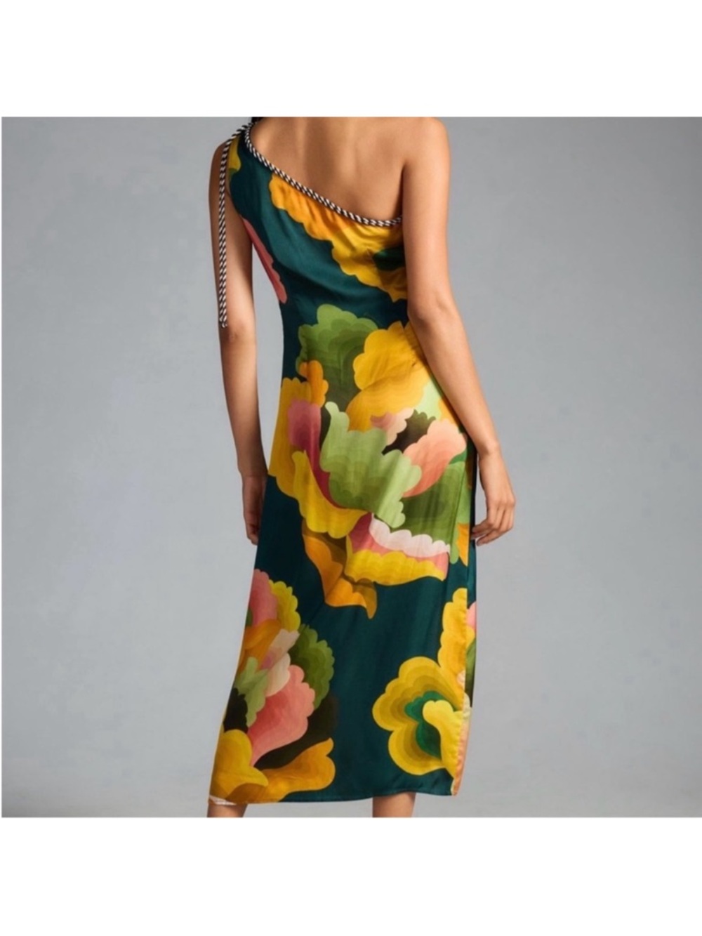 One-Shoulder Floral Midi Dress in Teal and Yellow - Picture 2 of 4